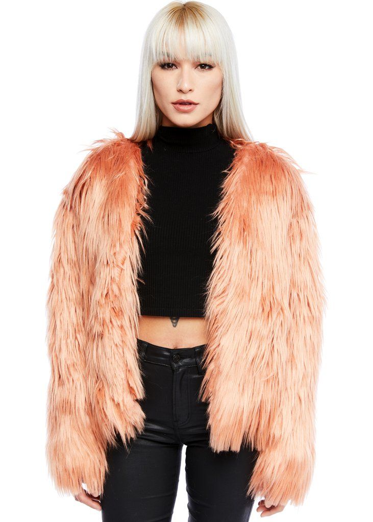 Beige pink faux fur coat women vintage 70s style plush shaggy jacket with pockets