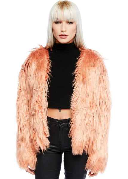 Beige pink faux fur coat women vintage 70s style plush shaggy jacket with pockets