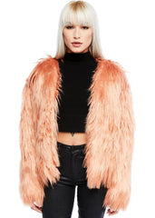 Beige pink faux fur coat women vintage 70s style plush shaggy jacket with pockets