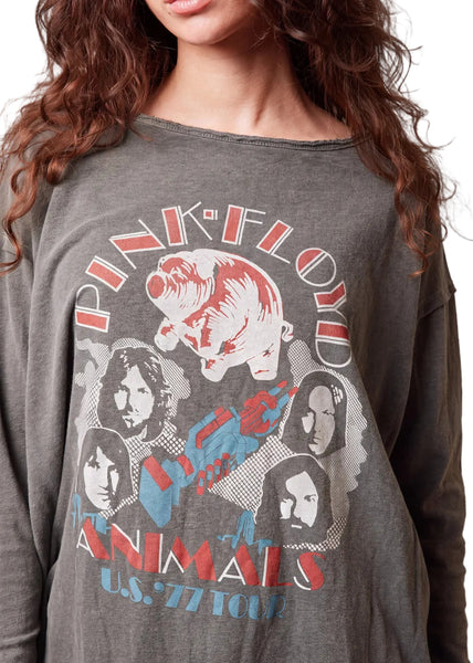 Close-up of the Pink Floyd Animals graphic on a charcoal gray long sleeve tee, featuring a pig and band portraits.