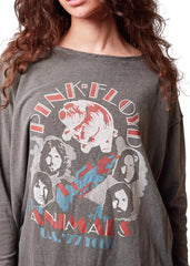 Close-up of the Pink Floyd Animals graphic on a charcoal gray long sleeve tee, featuring a pig and band portraits.