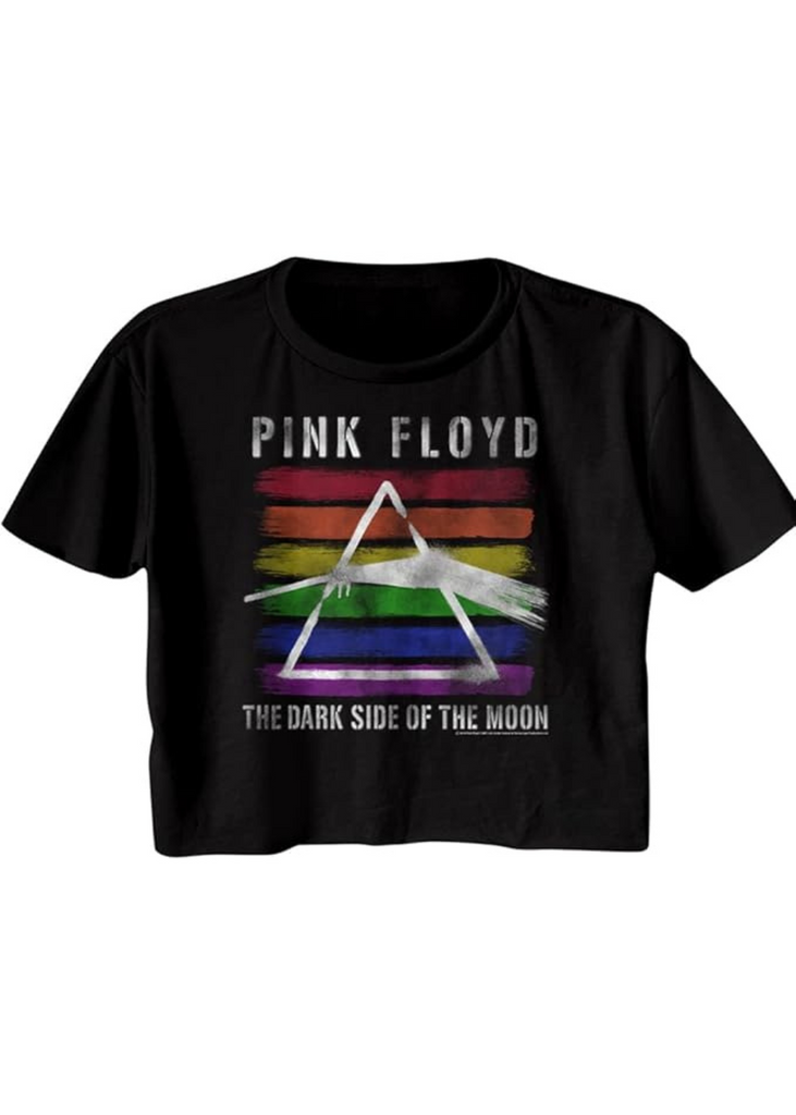 Black cropped t-shirt with Pink Floyd logo and text on a white background Festival concert outfit 