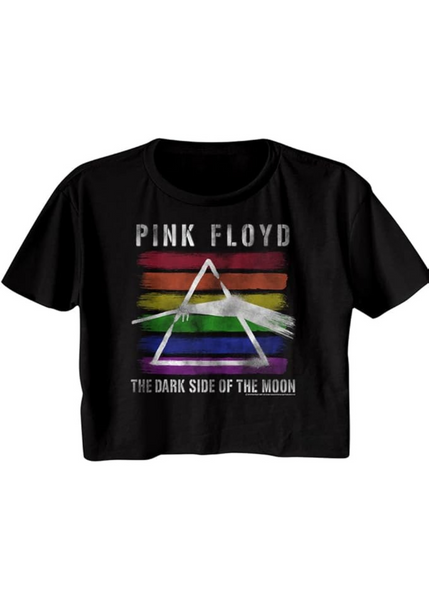 Black cropped t-shirt with Pink Floyd logo and text on a white background Festival concert outfit 
