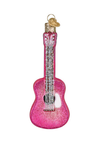 Pink glittery guitar ornament with rhinestone details on a white background festival rocker boho rockstar wife 