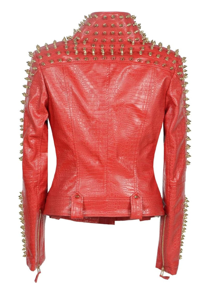 Red leather jacket with gold studs on a white background