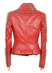 Red leather jacket with gold studs on a white background