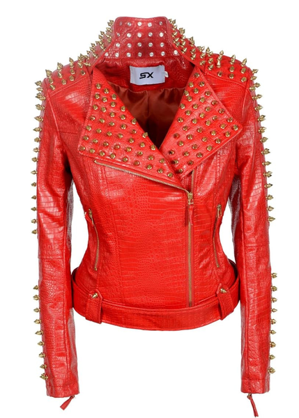 Red leather jacket with gold studs on a white background