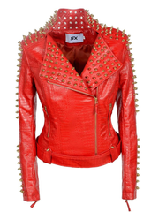 Red leather jacket with gold studs on a white background