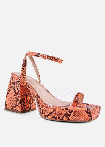 Orange snake print ankle strap sandals with clear vamp strap – side view