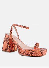 Orange snake print ankle strap sandals with clear vamp strap – side view