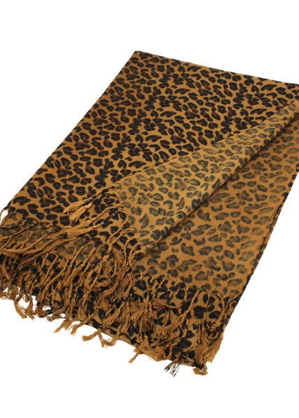 Leopard print scarf with fringes on a white background