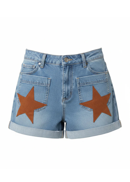 Rock Star Denim Shorts – light wash high-waisted denim shorts with rust star appliqué on front patch pockets and cuffed hem, white background 