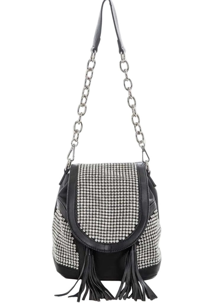 Rhinestone convertible backpack purse with sparkle embellishments and chain strap