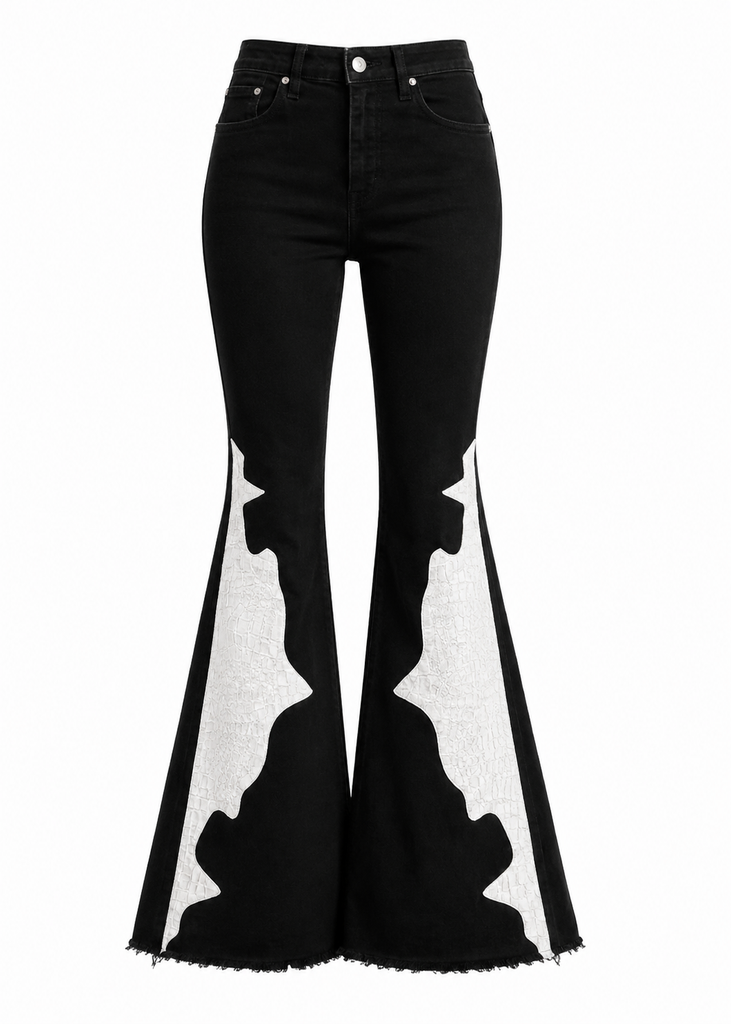 Black bell-bottom jeans with white cow print on a white background