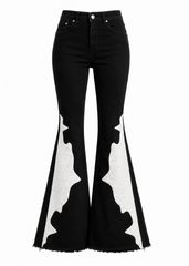 Black bell-bottom jeans with white cow print on a white background