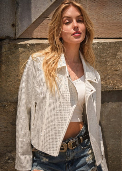 Crystal studded stretch zip-up moto jacket in white – cropped, long sleeve, collar neckline
