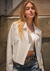 Crystal studded stretch zip-up moto jacket in white – cropped, long sleeve, collar neckline