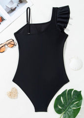 Asymmetric ruffle shoulder swimsuit - back view showing braided accent