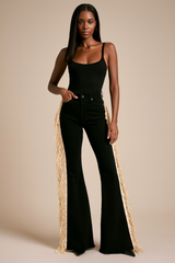 Texas Sun Bell Bottom Jeans | Beige Fringe & Stud Detail