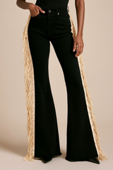 Texas Sun Bell Bottom Jeans | Beige Fringe & Stud Detail