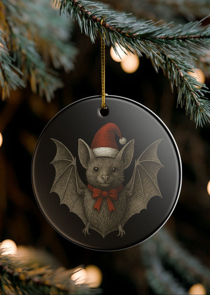 Christmas ornament with a bat wearing a Santa hat on a tree branch.