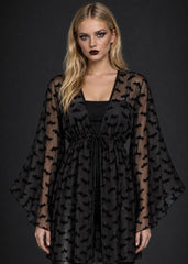 Black bat print kimono cover-up with tie front
