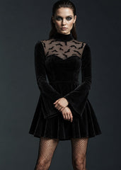 Gothic black velvet mini dress with long bell sleeves and bat detailing