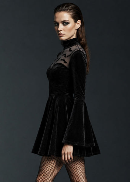 Black velvet Halloween dress with sheer bat mesh overlay and keyhole back