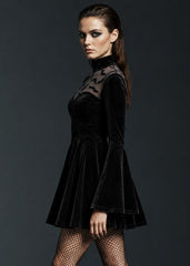 Black velvet Halloween dress with sheer bat mesh overlay and keyhole back