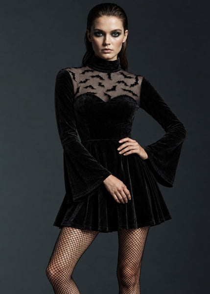 Black velvet gothic Halloween dress with bat mesh overlay and flared bell sleeves.