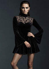 Black velvet gothic Halloween dress with bat mesh overlay and flared bell sleeves.