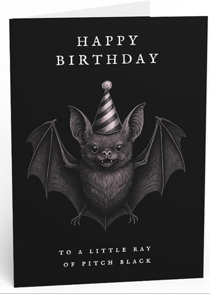 Birthday card with a bat wearing a party hat on a black background