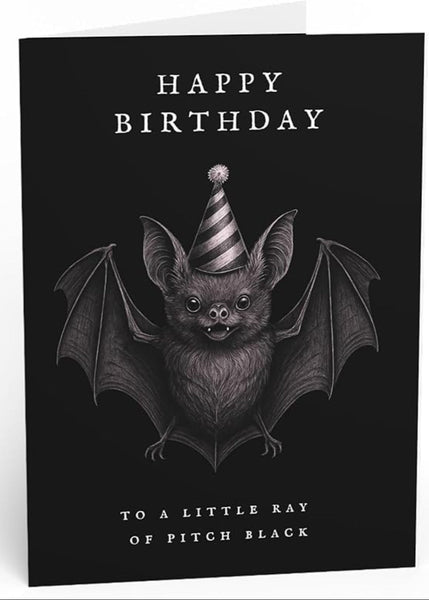 Birthday card with a bat wearing a party hat on a black background