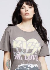 Woman wearing KISS vintage rock concert tee - relaxed boyfriend fit styling