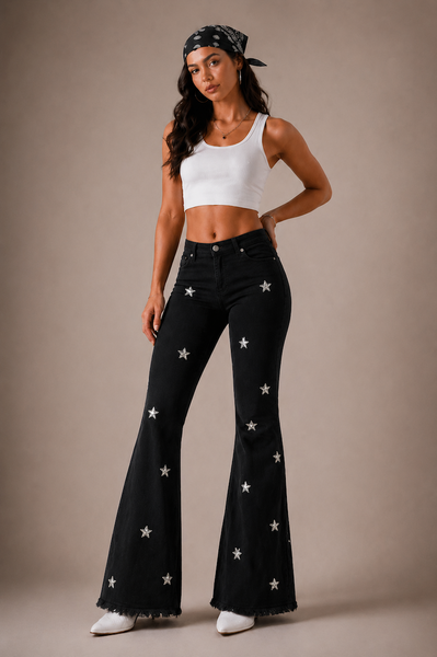Black bell bottom jeans with allover silver star studs – festival and concert outfit