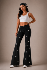 Black bell bottom jeans with allover silver star studs – festival and concert outfit