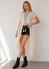 Woman wearing sheer tie front maxi kimono cover-up over bikini at the beach — resort wear by Pretty Attitude