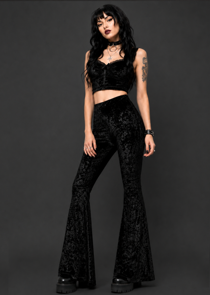 Black Crushed Velvet Flared Bell Bottom Pants