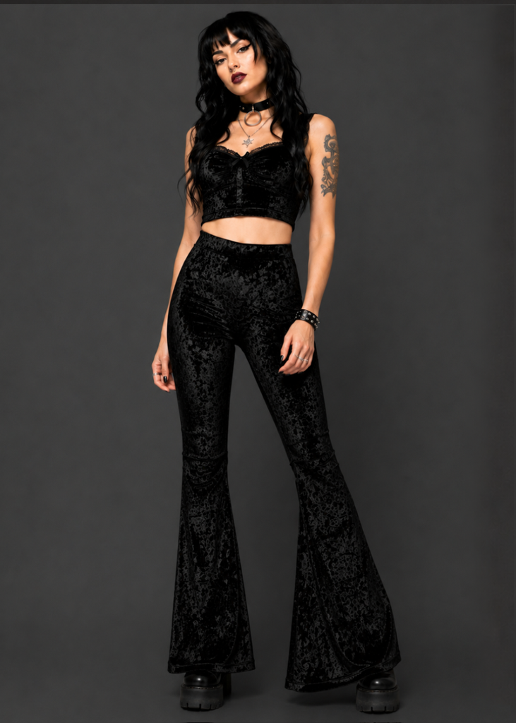 Black Crushed Velvet Flared Bell Bottom Pants
