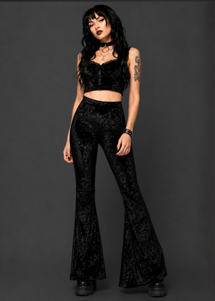 Black Crushed Velvet Flared Bell Bottom Pants