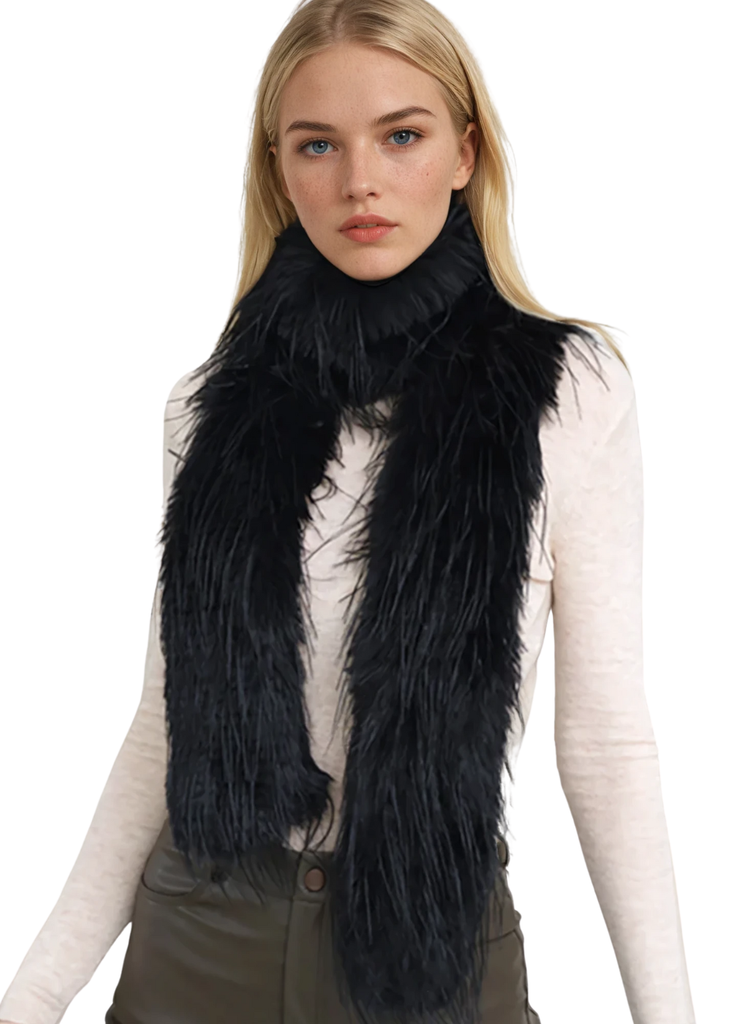 Black fluffy faux fur long wrap scarf, oversized winter shawl for cozy cold weather style