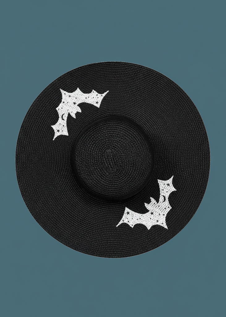 Black wide-brim floppy sun hat with white embroidered bat and leaf appliques, gothic boho style, XL 6-inch brim, Pretty Attitude 