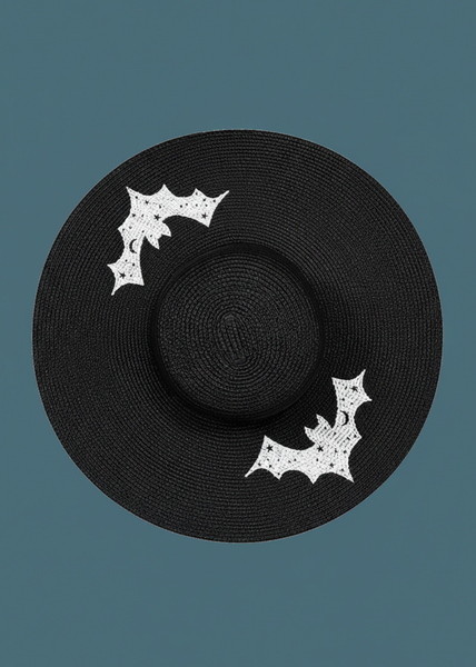 Black wide-brim floppy sun hat with white embroidered bat and leaf appliques, gothic boho style, XL 6-inch brim, Pretty Attitude 