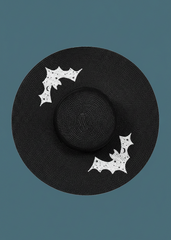 Black wide-brim floppy sun hat with white embroidered bat and leaf appliques, gothic boho style, XL 6-inch brim, Pretty Attitude 