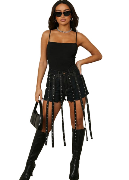 black fringe shorts denim festival studded concert outfit 