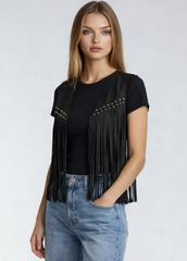 Studded black faux suede fringe vest, western open front layering piece for country concerts and festival fashion