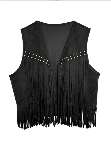 Women’s black western fringe vest in faux suede with studs, boho cowboy festival outfit layering vest