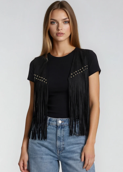 Black faux suede western fringe vest with studded details, open front cowboy vest for boho festival and rodeo outfits.