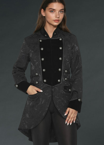Black steampunk tail jacket with brocade fabric, Victorian gothic tailcoat jacket for cosplay, pirate costumes and alternative fashion.