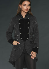 Black steampunk tail jacket with brocade fabric, Victorian gothic tailcoat jacket for cosplay, pirate costumes and alternative fashion.